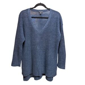 EILEEN FISHER 100% Organic Linen Tunic Relaxed V-neck Sz. M Blue Classic Coastal